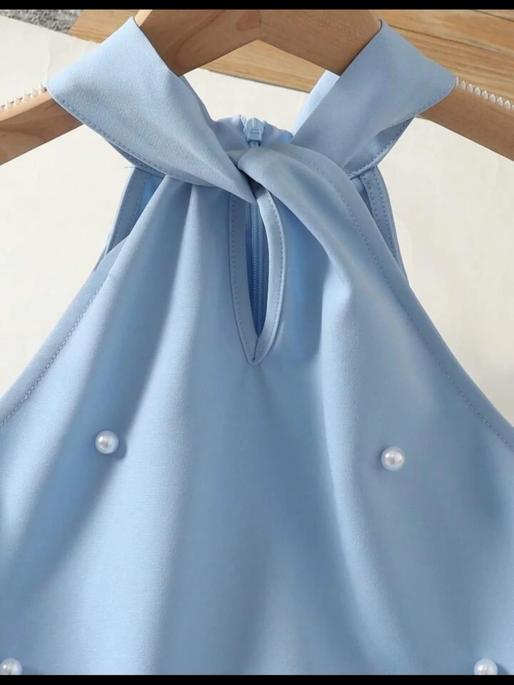 Pearl-Embellished Light Blue Halter Dress for Girls